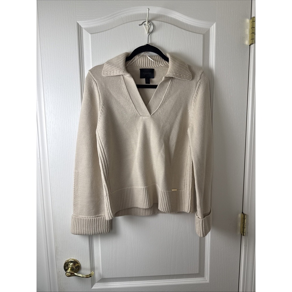 Magaschoni Womens S Cream 100% Merino Wool Polo Collar Sweater V Neck